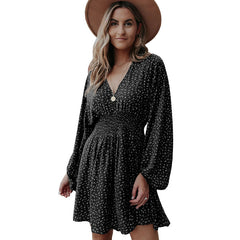 Women V Neck Tunic Dress Casual Loose Flowy Long Sleeves Dress Elastic Waist A-line Floral Swing Shift Dresses linen gown dinner night dress, lioness-love