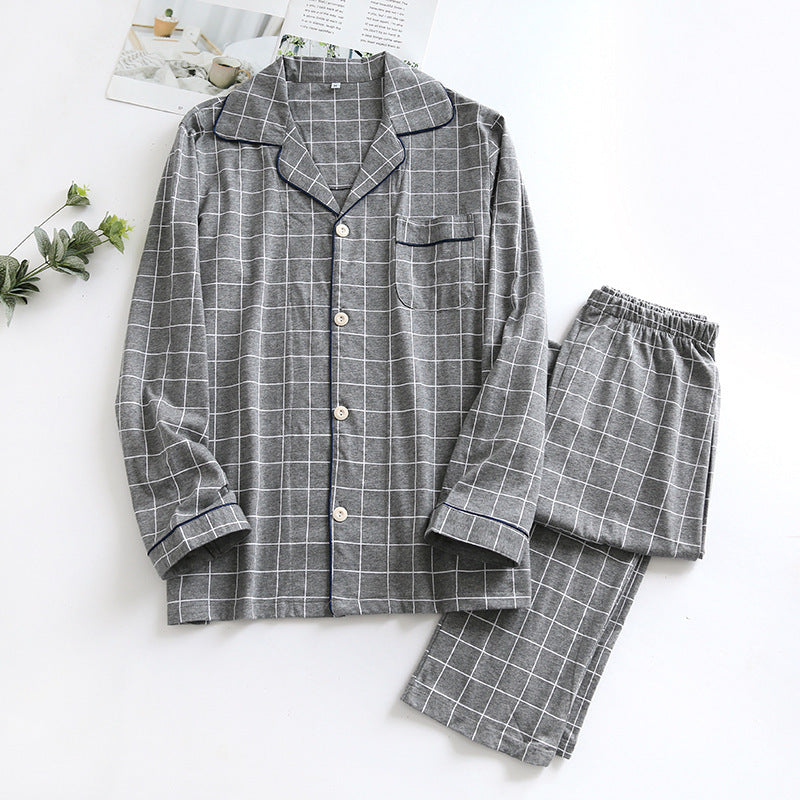 Autumn Plaid Thin Pajamas Long Sleeves Loose Large Size Men's pajamas Lapel pajamas Men nightwear