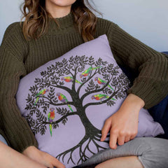 Colorful and vibrant bird and Tree print design purple pillow cover