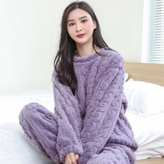 Couple Pure Color Jacquard Cotton Velvet Warm Suit Pajamas unisex night wear couple wear