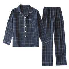 Plaid Long-Sleeved Trousers Cotton Two-Color Home couple nightwear vintage pajamas long sleeve pajamas Lapel pajamas