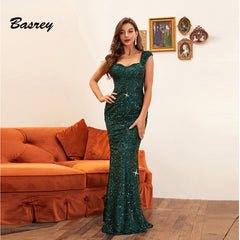 Sequin Sling Mid Waist Party Evening Dress - Full Length Formal Dress in Champagne, Green, Black, Dark Blue, Wine Red