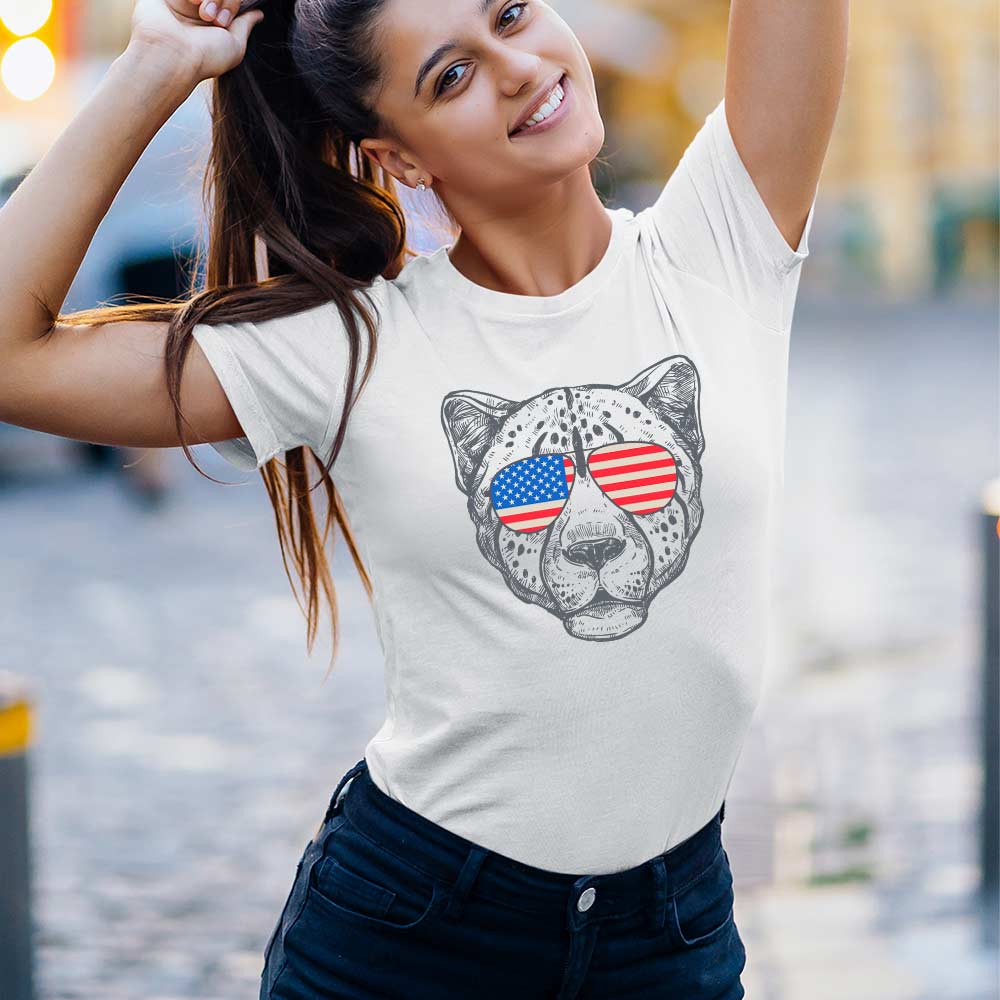 Women's lion graphic t-shirt with flag design