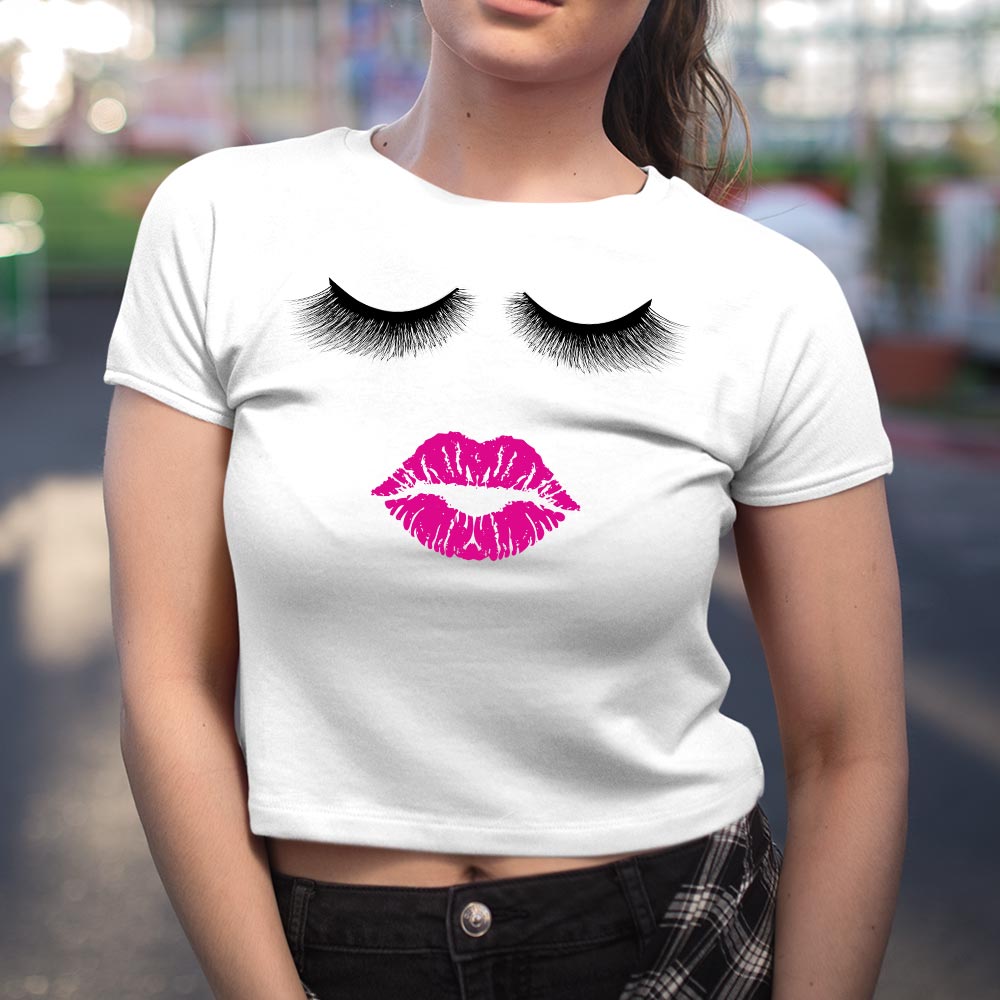 Women's Fashion Crop Top: Lips & Lashes Print for Trendy Looks