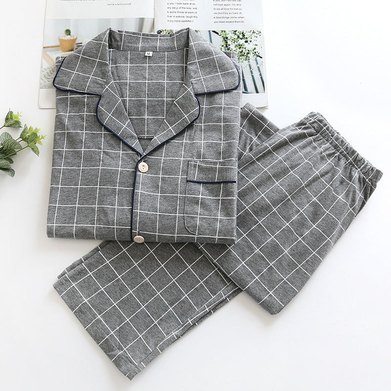 Autumn Plaid Thin Pajamas Long Sleeves Loose Large Size Men's pajamas Lapel pajamas Men nightwear