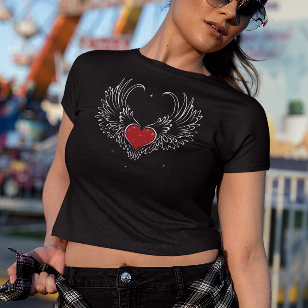 Trendy Women's Fashion Crop Top - Angel Wings and Heart Print