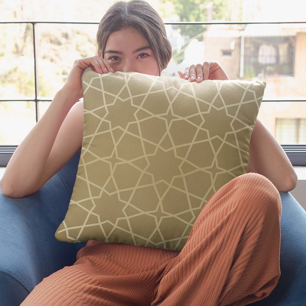 Modern Arabesque gold coloured print cushion cover for trendy interior design