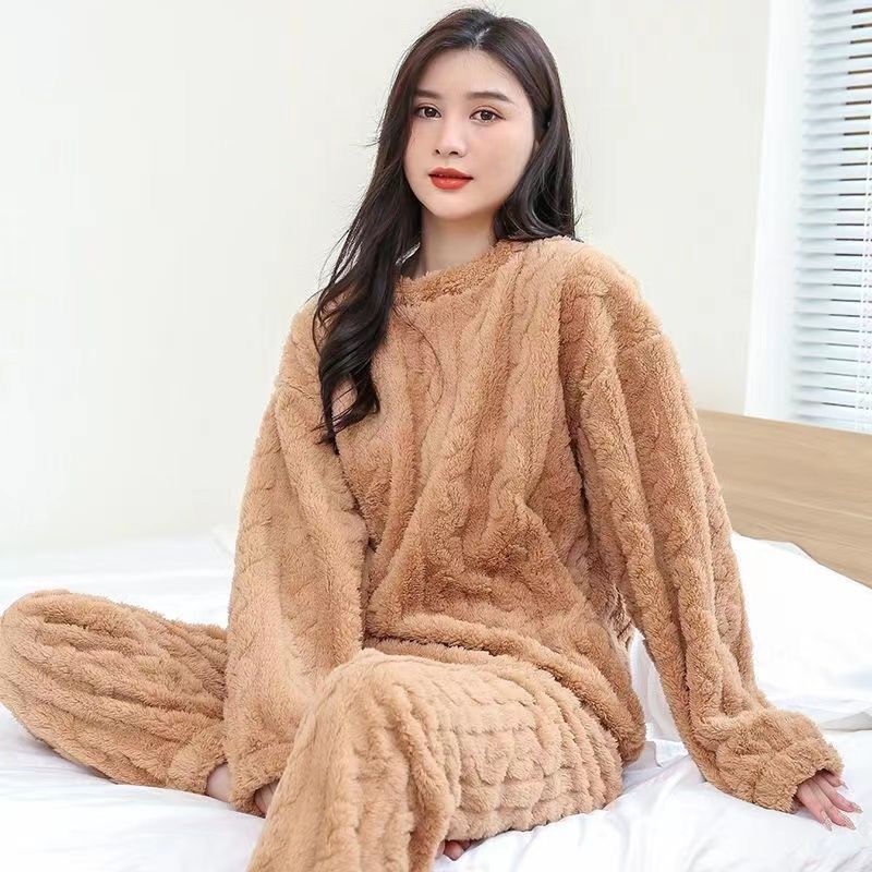 Couple Pure Color Jacquard Cotton Velvet Warm Suit Pajamas unisex night wear couple wear