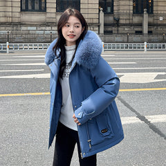 Elegant Waist Tight Short Parka with Removable Faux Fur Collar Chic Winter Essential