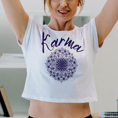 Stylish Women's Clothing: Karma Graphic Print Crop Top | Fashion Must-Have