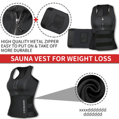 Women's Waist Trainer Corset Trimmer Belt Neoprene Sauna Sweat Suit Zipper Body Shaper with Adjustable Workout Tank Tops