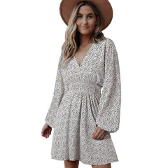 Women V Neck Tunic Dress Casual Loose Flowy Long Sleeves Dress Elastic Waist A-line Floral Swing Shift Dresses linen gown dinner night dress, lioness-love