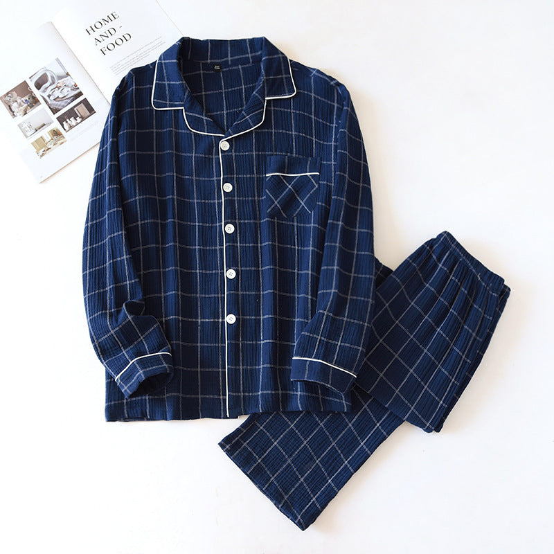 Plaid Long-Sleeved Trousers Cotton Two-Color Home couple nightwear vintage pajamas long sleeve pajamas Lapel pajamas