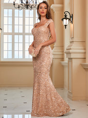 Sequin Sling Mid Waist Party Evening Dress - Full Length Formal Dress in Champagne, Green, Black, Dark Blue, Wine Red