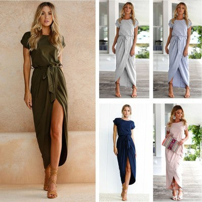 Trendy short sleeves Solid Color Casual Style Dress Women Summer Clothing Boho Long Beach Dresses Bridesmaid Dresses