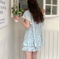 Ruffled Lace Floral Pure Cotton And Linen Pajamas short bedtime wear