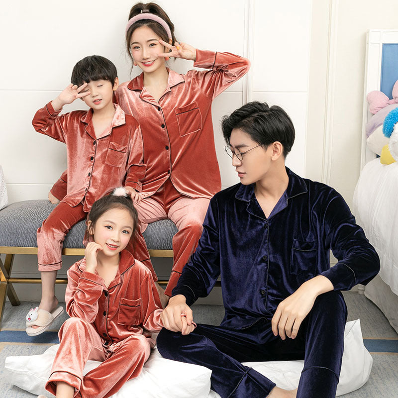 Gold Velvet Simple Solid Color Large Size Parent-child Pajamas Family nightwear Vintage family pajamas set, lioness-love