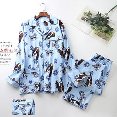 Unisex Printed Long-sleeved Trousers Pajamas  Lapel pajamas Long sleeve pajamas Modal cotton pajamas Couple Sleepwear