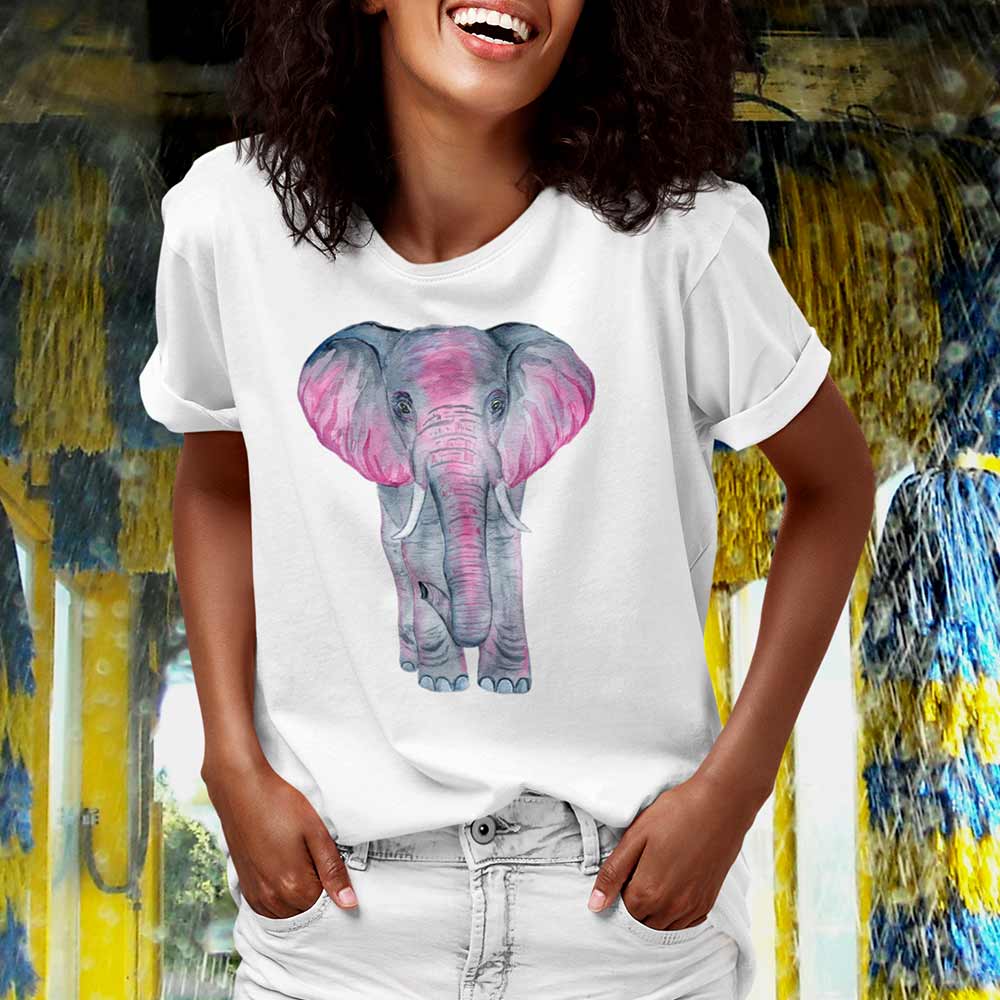 Women's White T-Shirt with a Stylish Elephant Graphic Design.