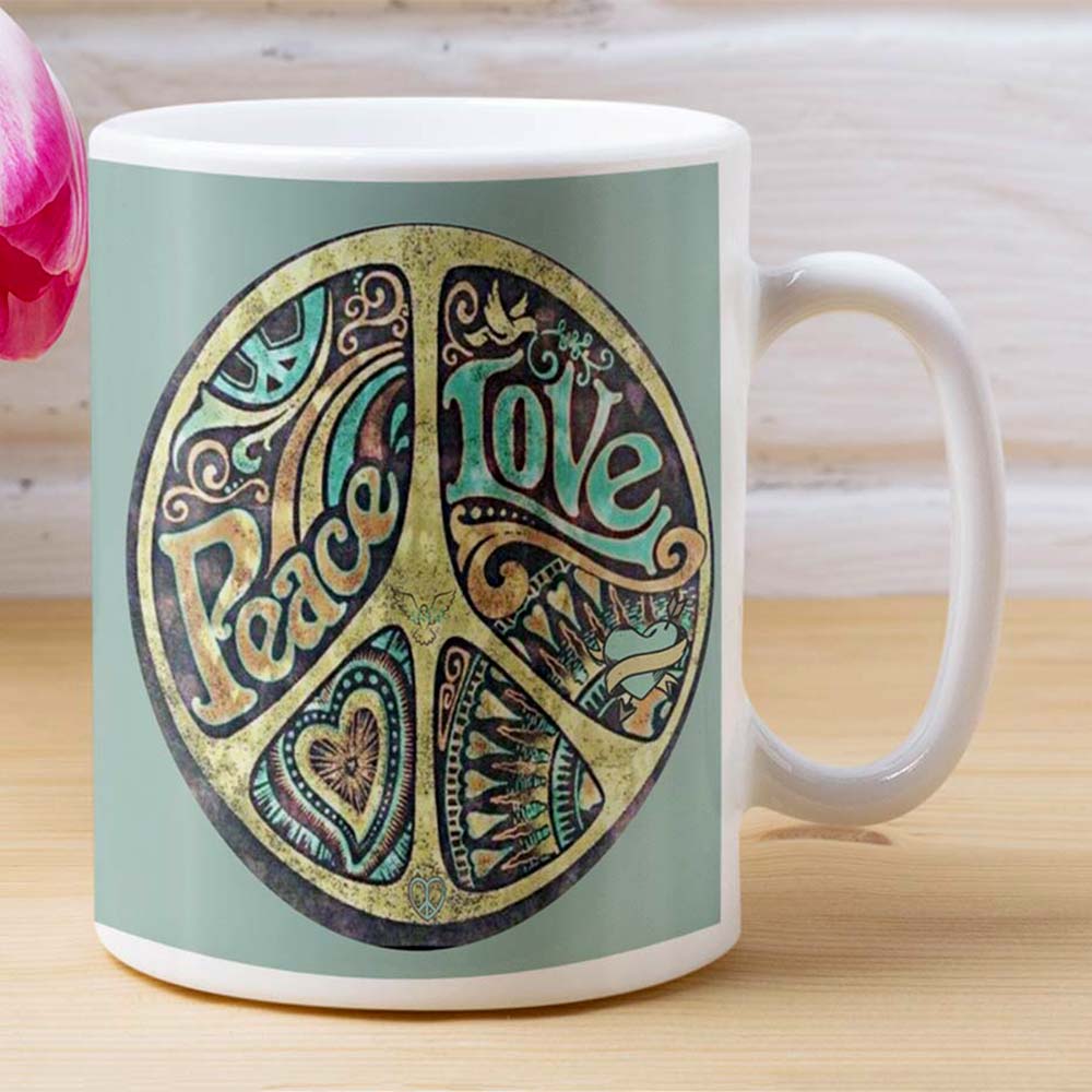 Premium coffee mug featuring a vibrant peace and love design