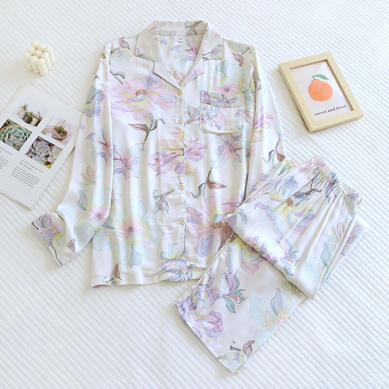 Women's Fashionable Cotton Satin Printed Pajamas Home Wear Suit female night wear vintage pajamas