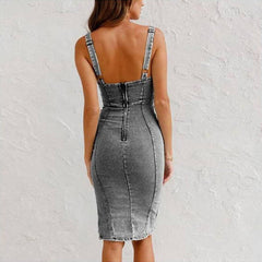 New U-neck Suspender Denim Dress Summer Casual Tight Slim Fit Dresses With Slit Design Womens Clothing