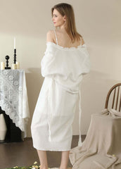 Woman wearing white cotton lace double-layer yarn pajamas, vintage-inspired sleepwear, perfect for Valentine's Day gift for her, female loungewear.