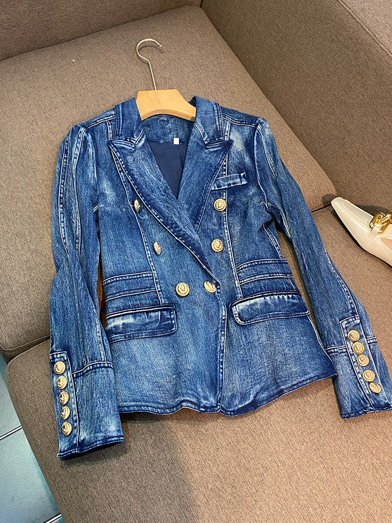 Women's Double Breasted Denim Jacket, lioness-love