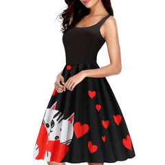 Women's Pin Up Valentine's Day Print Retro Style Swing Dress U Neck Zipper Closure Sleeveless A Line Waist Dress