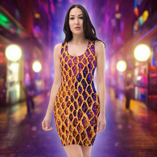 Radiant Reptilian Charm Colorful Snakeskin Sheen Fitted Dress, lioness-love