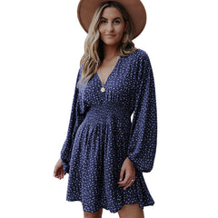 Women V Neck Tunic Dress Casual Loose Flowy Long Sleeves Dress Elastic Waist A-line Floral Swing Shift Dresses linen gown dinner night dress, lioness-love