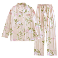 Women's Fashionable Cotton Satin Printed Pajamas Home Wear Suit female night wear vintage pajamas