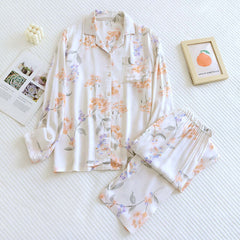 Women's Fashionable Cotton Satin Printed Pajamas Home Wear Suit female night wear vintage pajamas