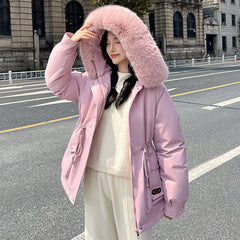 Elegant Waist Tight Short Parka with Removable Faux Fur Collar Chic Winter Essential