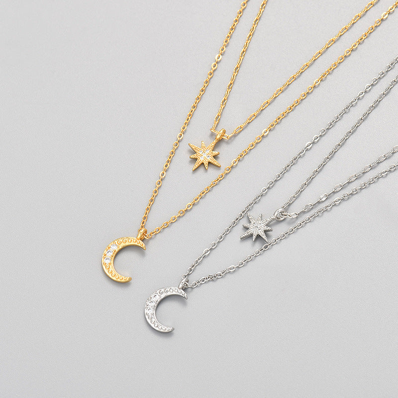 Moon Double Layer Necklace Elegant Clavicle Chain Pendant Jewelry for Her