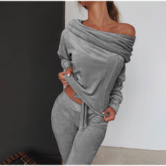 Ladies Velvet 2Pcs Funnel Neck Jumper Hoodie Trousers Tracksuit Set Lounge Wear