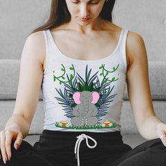 Graphic print tank tops with meditating elephant design for women