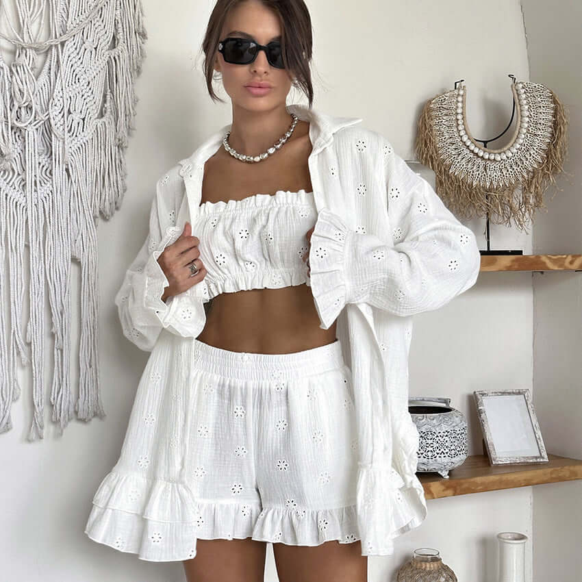 Women's White Cotton Jacquard Pajamas Three-piece Set Loose Elegant Long Sleeve Shirt With High Waist Shorts Set Female