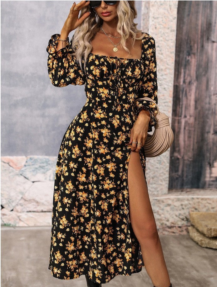 Flowers Printing Long Sleeve Dress Fashion Square-neck Bottom Slit Dresses Women  Clothing Vintage Gown  Dinner dress