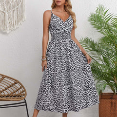 European And American Leopard Print Large Swing Dress female dinner date dress  V neck dress