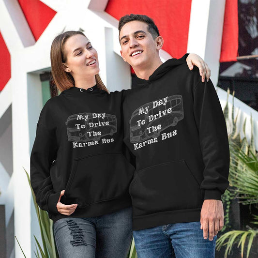 Adventure awaits with our karma bus drive print unisex hoodies