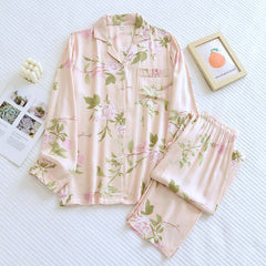 Women's Fashionable Cotton Satin Printed Pajamas Home Wear Suit female night wear vintage pajamas