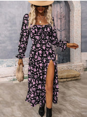 Flowers Printing Long Sleeve Dress Fashion Square-neck Bottom Slit Dresses Women Clothing Vintage Gown Dinner dress, lioness-love