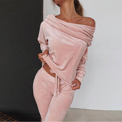 Ladies Velvet 2Pcs Funnel Neck Jumper Hoodie Trousers Tracksuit Set Lounge Wear