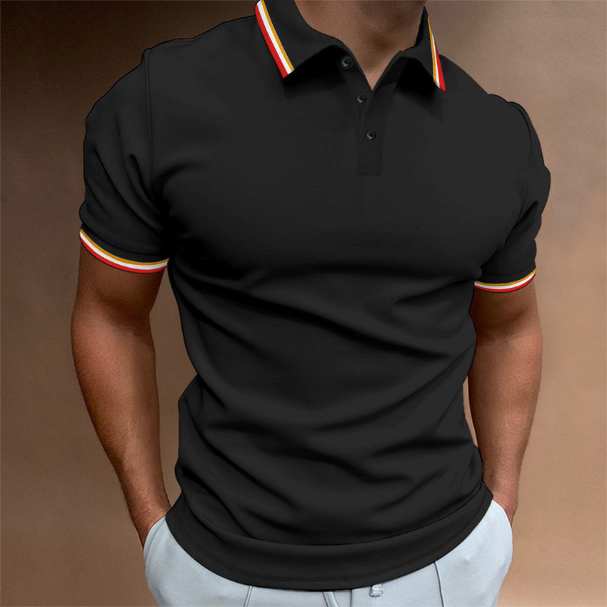 Men's Slim Polo Shirt Rib Striped T-shirt Top Rib Collar Polo short sleeve Tee shirt Cotton Tshirt