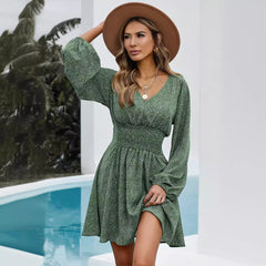 Women V Neck Tunic Dress Casual Loose Flowy Long Sleeves Dress Elastic Waist A-line Floral Swing Shift Dresses linen gown dinner night dress, lioness-love