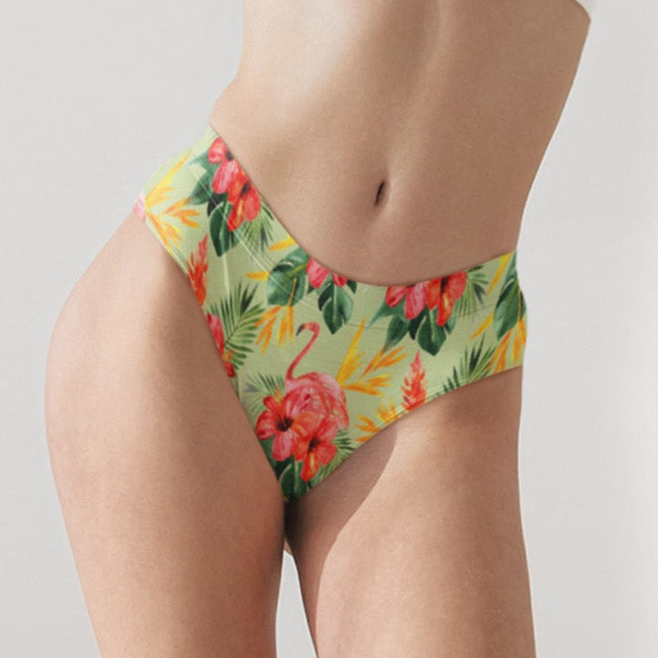 High-waisted green floral bikini bottoms