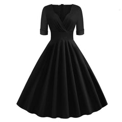 Green Solid Rockabilly S Vintage Ruched V Neck Party Dresses