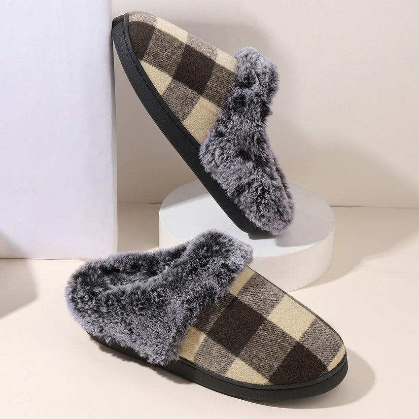 Plaid Fluffy Slippers Fashion Comfortable And Non-slip Cotton Slippers Cozy Footwear Warm Cotton Slippers Unisex cotton Slippers couples cotton footwear