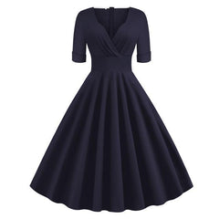 Green Solid Rockabilly S Vintage Ruched V Neck Party Dresses